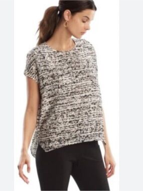 🟣4/$20 MM Lafleur The Didion Ink Wash Print Black White Short Sleeve Blouse L
